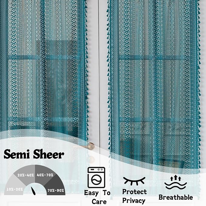 Sutuo Home Teal French Door Curtains for Front Glass Door & Sidelights, Semi Sheer Farmhouse Bohemian Rustic Tassels Vintage Privacy Cottagecore Festival Decor, Rod Pocket 2 Panels 25" W x 72" L Teal
