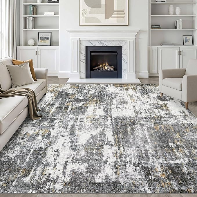 8x10 Area Rugs Living Room: Washable Large Neutral Rug Abstract Soft Modern Stain Resistant Indoor Floor Non-Slip Carpet for Bedroom Nursery Kids Office Playroom Dining Room- Black White Gold