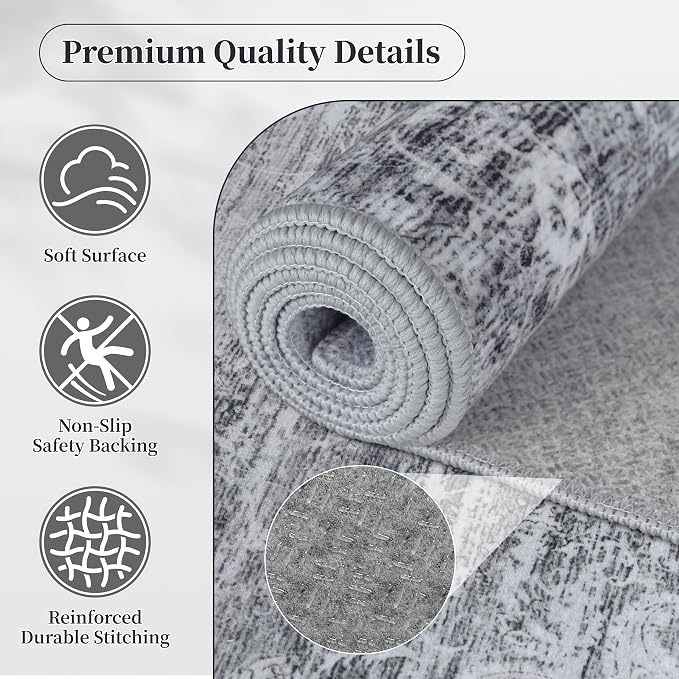 8x10 Area Rugs for Living Room, Vintage Boho Carpet for Bedroom, Gray | TTelephant Washable Low Pile Indoor Area Rug for Dining Room with Non-Slip Silicone Backing, Stain Resistant