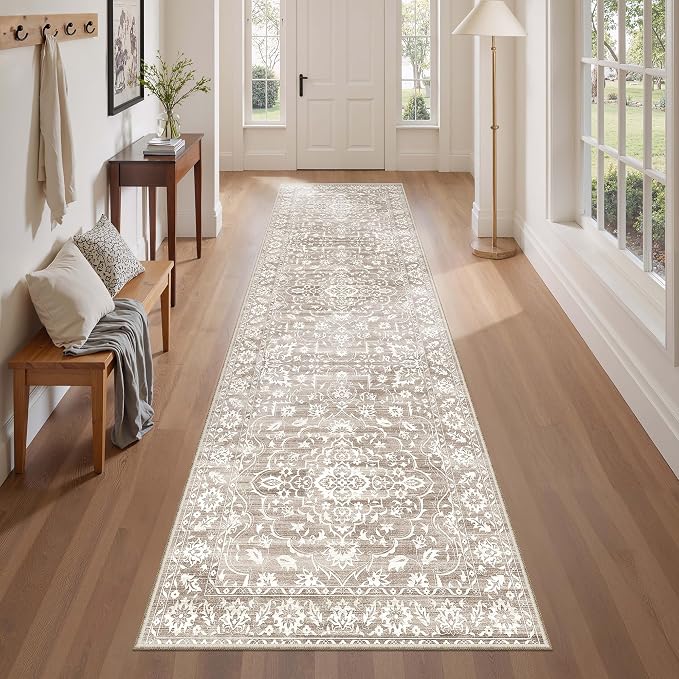Soalmost 2.5'x8' Runner Rugs for Hallway, Washable Kitchen Runner Rug | Vintage Non-Slip Soft 2'6"x8' Carpet Runner with Rubber Backing for Entryway Laundry Bedroom Farmhouse Light Brown