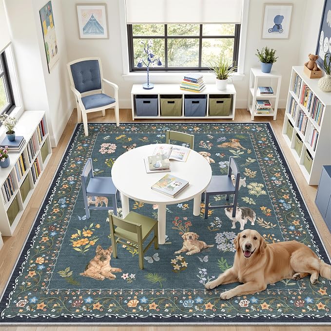 Soalmost Dog 8x10 Area Rugs for Living Room, Washable Soft Rug Navy Blue | Floral Vintage Non-Slip Low Pile Cute Animal Throw Large Rugs for Classroom Bedroom Dining Room Nursery Playroom 8' x 10'