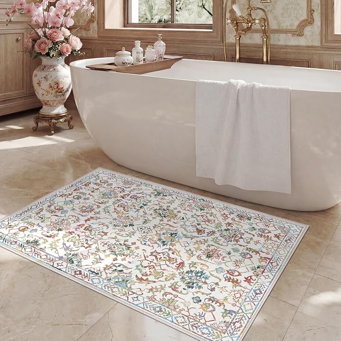 Colorful Area Rug 2x3 Entryway Rug for Bedroom Bathroom, Non-Slip Low-Pile Washable Boho Carpet Retro Accent Doormat for Laundry Room Hallway Kitchen 24x36 Inch