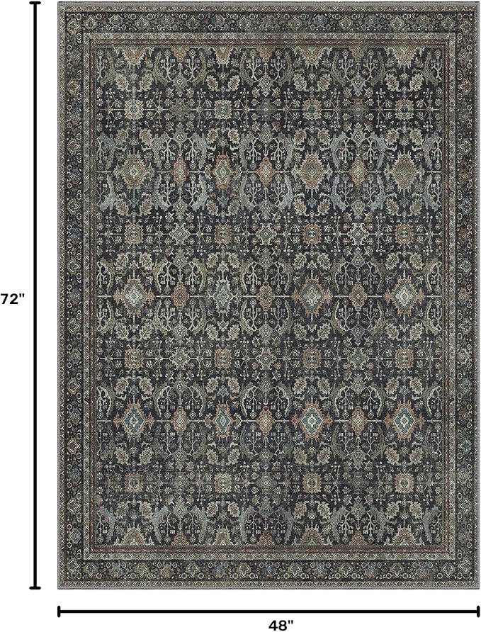BESBLEE 4X6 Area Rugs Machine Washable Rugs for Living Room, Vintage Boho Large Rugs for Bedroom Dining Room, Non Slip Indoor Soft Distressed Lightweight Thin Low Pile Carpet, Black