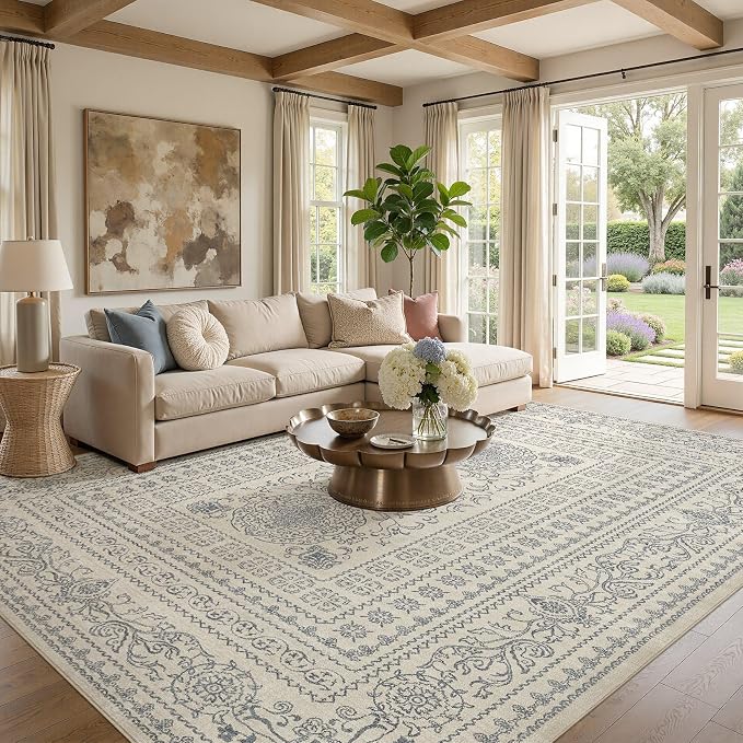 Nakagishi 7x9 Area Rugs Living Room: Washable Large Vintage Rug Neutral Non-Slip Soft Stain Resistant Indoor Carpet for Bedroom Nursery Dining Room Office Playroom - Blue/Beige