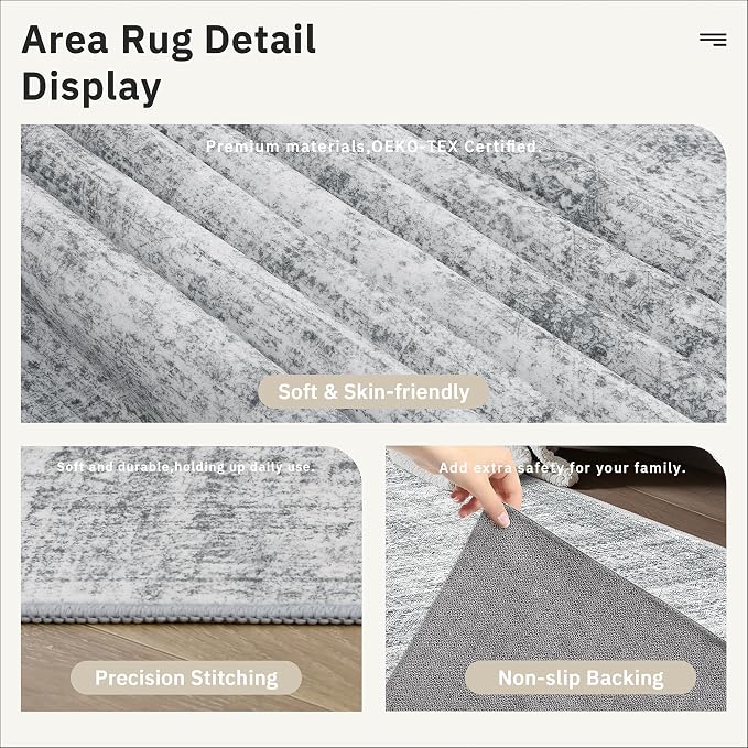 Soalmost Washable Runner Rug, 2'6" x 8' Non-Slip Kitchen Vintage Foldable Hallway Runners for Entryway, Laundry, Bedroom, Grey