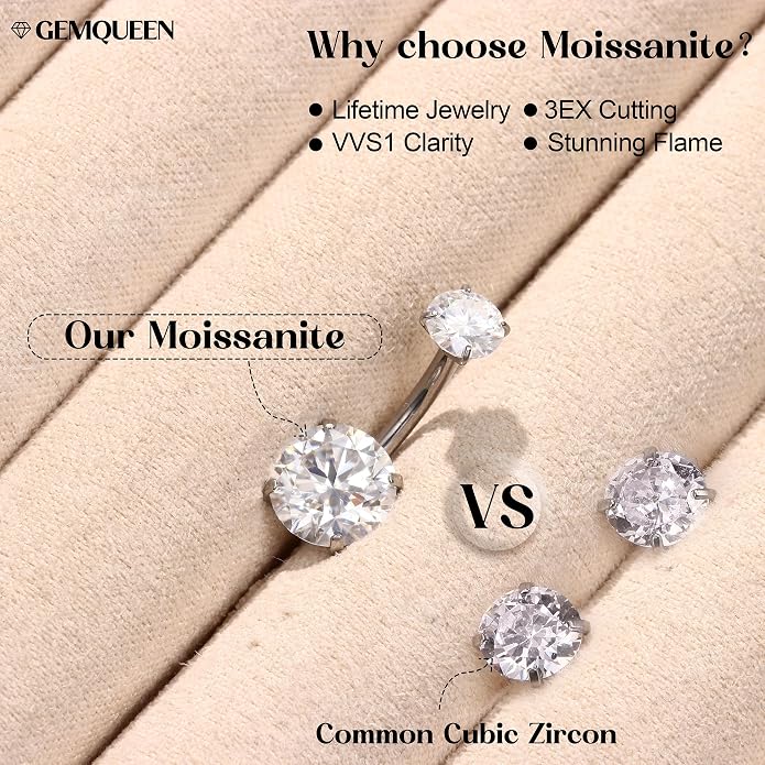 GEMQUEEN Moissanite ＆ G23 TItanium Belly Button Ring 18K Gold Plated Hypoallergenic Internally Threaded Belly Rings 14G Navel Piercing Jewelry For Women Men D Color VVS1 Clarity Brilliant Cut