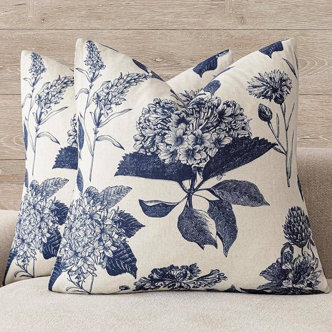 Foindtower Set of 2 Linen Floral Vintage Throw Pillow Covers Neutral Accent Print Decorative Cozy Cushion Covers Farmhouse Boho Home Decor for Sofa Chair Couch Bed Living Room,22×22 Inch,Navy Blue