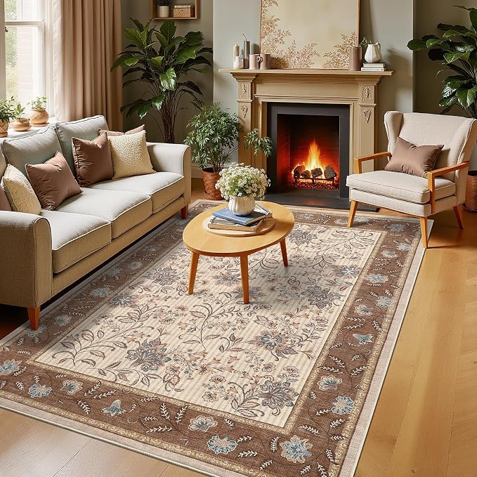 GarveeHome 5x7 Area Rug French Brown Washable Rugs for Living Room Bedroom, Soft Low Pile Non Slip Accent Floor Mat Botanical Floral Print Throw Rug Indoor Carpet Dining Room Playroom