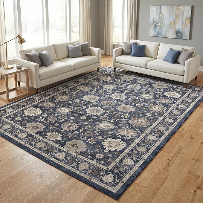 AMADA HOMEFURNISHING 9x12 Area Rug for Living Room, Vintage Washable Area Rug Low-Pile & Non-Slip Carpet for Bedroom Dining Room Nursery Home Office, Navy Blue/Brown