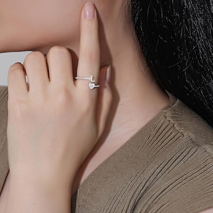 Step Forward 925 Sterling Silver Adjustable Initial Ring for Women | Non Tarnish Letter Rings for Lady | Alphabet Heart Thumb Rings | Capital Letter Jewelry Gifts