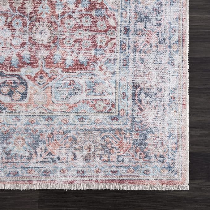Bloom Rugs Caria Washable Non-Slip 8x10 Rug - Brick/Dark Blue Traditional Area Rug for Living Room, Bedroom, Dining Room, and Kitchen - Exact Size: 7'8" x 10'