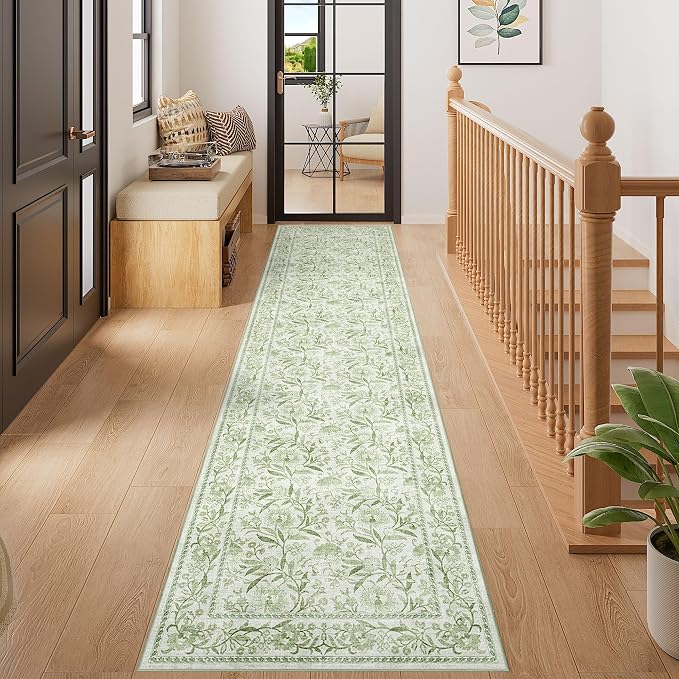 DUKINO 2x8 Runner Rug, Washable Vintage Floral Kitchen Rugs, Sage Green | Non Slip, Low Pile, Stain Resistant Aesthetic Soft Carpet Runner for Hallway Bathroom Entryway Bedroom Farmhouse Laundry Room