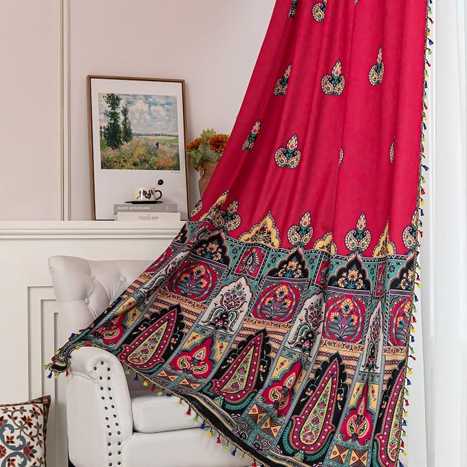 Red Paisley Curtains 84 Inches Long, Boho Farmhouse Light Filtering Rod Pocket Drapes with Tassel Trim for Bedroom Living Room, 2 Panels