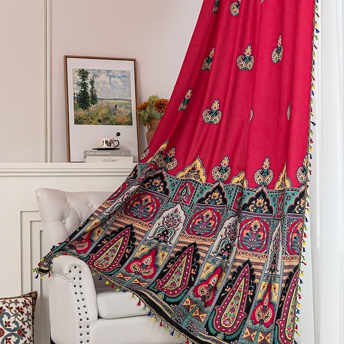 Red Paisley Curtains 102 Inches Long, Boho Farmhouse Light Filtering Rod Pocket Drapes with Tassel Trim for Bedroom Living Room, 2 Panels