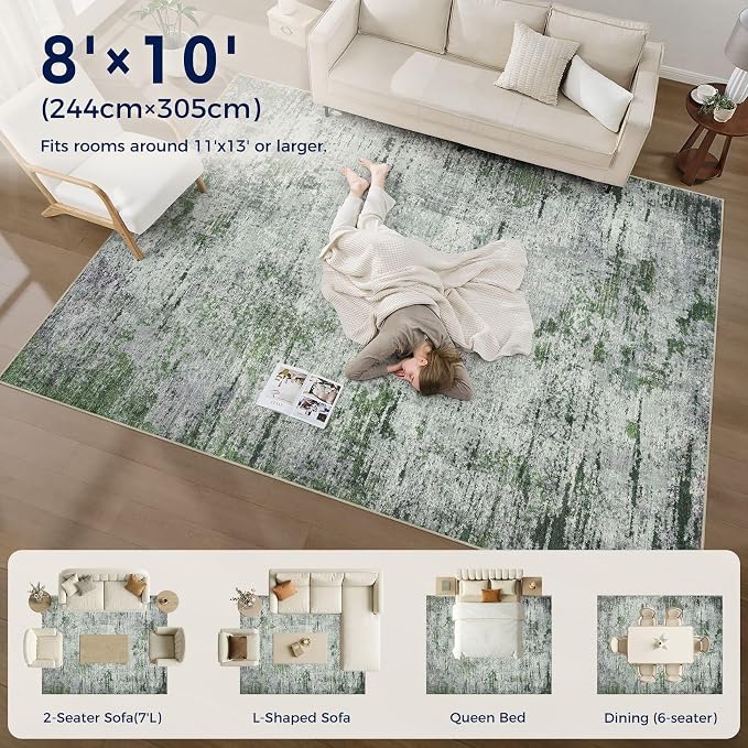 DMOYEST Area Rug Living Room Rugs - 8x10 Large Soft Indoor Neutral Modern Abstract Low Pile Washable Rug Carpet for Bedroom Dining Room Farmhouse Home Office - Green/Grey/Brown