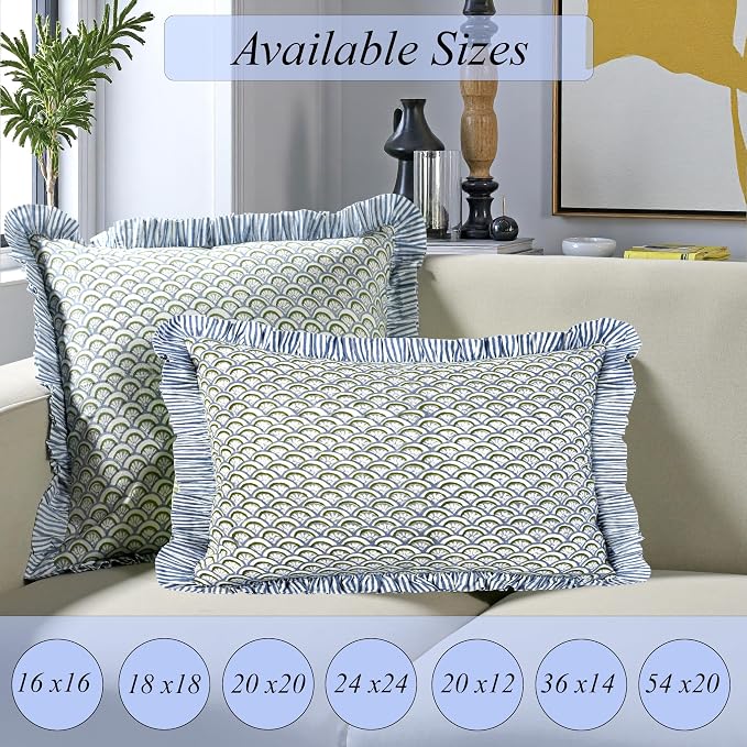 Ridhi Block Print Hand Fan Harmony Throw Pillow Cover 24" x 24" (Pack of 2) Decorative Cushion Covers with Ruffle for Couch, Sofa, Bed, Living Room, Home Decor Gift for Spring, Easter, Valentine