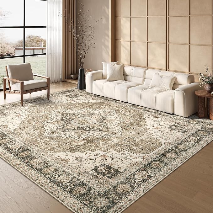 Roxstand 9x12 Washable Area Rug, Vintage Non Slip Rugs, Brown/Beige | Soft Low Pile Design, Stain Resistant,Pet & Kid Friendly,Carpet for Living Room, Bedroom, Dining Room and Office Decor