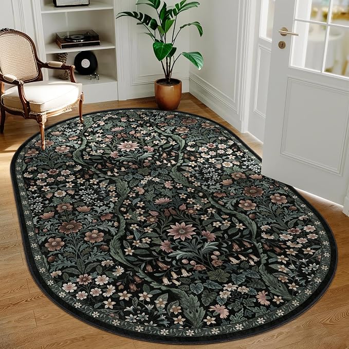 3x5 Oval Rug Black Floral Washable Rug,Soft Lightweight Low Pile Non-Shedding Carpet,Machine Washable Stain Resistant Non-Slip for Entryway,Bedroom,Mudroom,Living Room