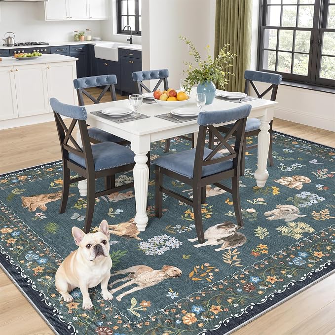 Soalmost Dog 5x7 Area Rugs for Living Room, Washable Soft Rug Navy Blue | Floral Vintage Non-Slip Low Pile Cute Animal Throw Rugs for Kitchen Dining Room Bedroom Nursery Playroom 5' x 7'