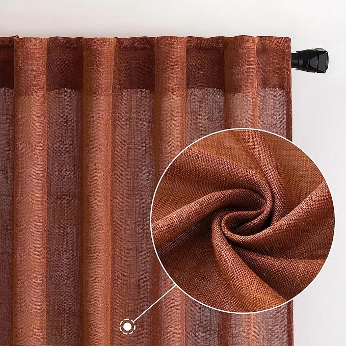 MIULEE Burnt Orange Linen Curtains 90 Inch Length 2 Panels for Bedroom Living Room, Soft Thick Linen Textured Window Drapes Semi Sheer Light Filtering Back Tab Rod Pocket Fall Decor, W37xL90