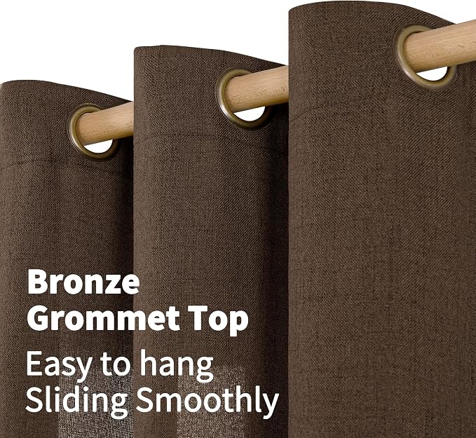 YoungsTex Brown Linen Curtains 63 Inches Length 2 Panels - Chocolate Semi Sheer Window Drapes Light Filtering with Bronze Grommet Privacy for Living Room Bedroom Farmhouse, 52 x 63 Inch