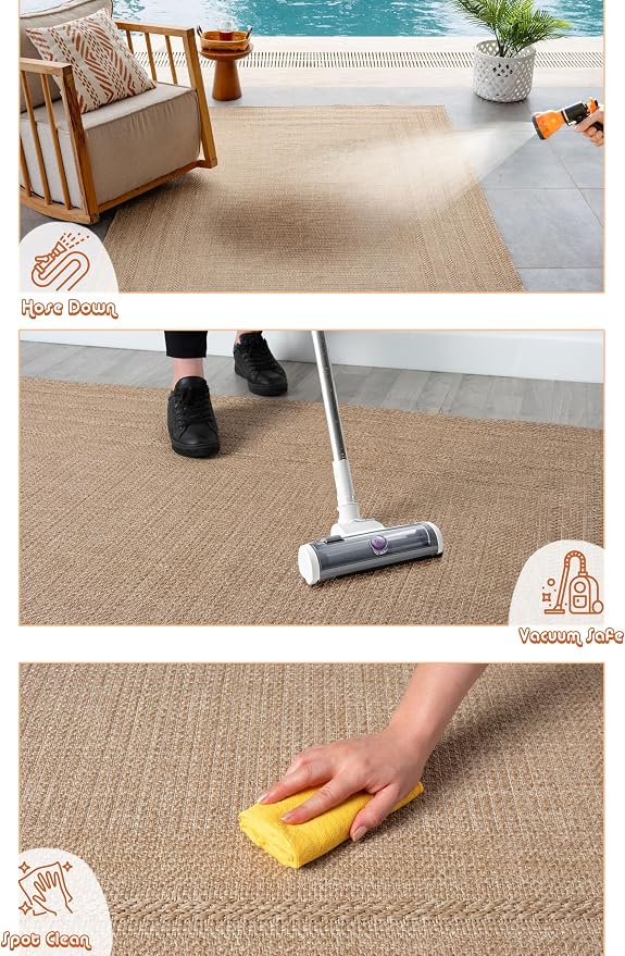 Berry Easy Jute Indoor Outdoor Rug, 4x6 Neutral Bordered Jute Look, Weather Resistant, Easy Care, Lightweight Outdoor Farmhouse Carpet for Patio, Porch, Living Room (4' x 6', Natural)