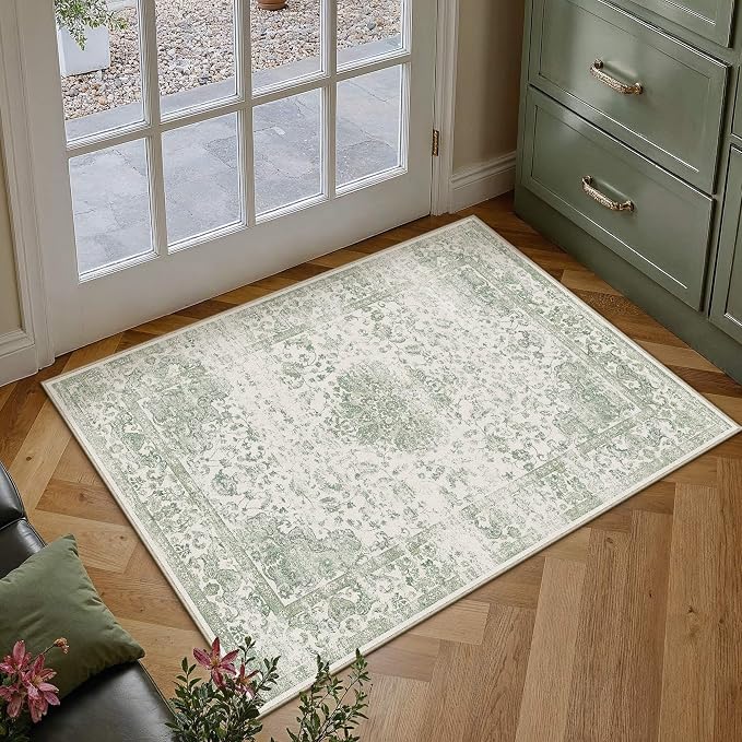 HUGEAR Green 2x3 Area Rug Washable for Entryway Soft Vintage Rug Carpet Non-Shedding & Non-Slip Indoor Home Decor Living Room Bedroom Dining Room Laundry Kitchen Low Pile Floor Mat