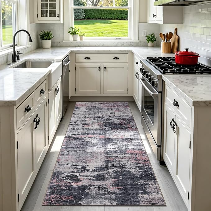 Sasttie 2x6 Soft Runner Rug for Entryway, Modern Abstract Washable Carpet for Hallway, Kitchen and Laundry Room, with Non-Slip Backing, Black and Pink