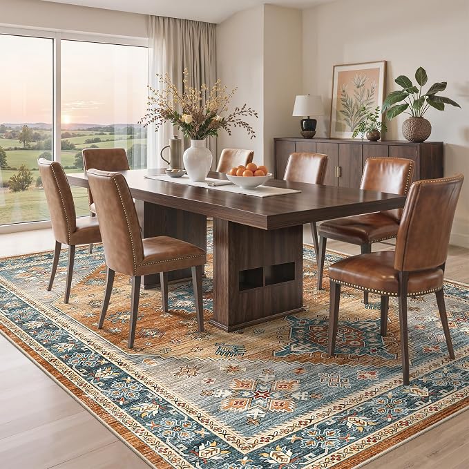 Roxstand 6x9 Washable Area Rug, Non Slip Living Room Rug Navy/Orange | Low Pile Vintage Rug, Stain Resistant, Non-Shedding Design, Pet & Kid Friendly, Carpet for Bedroom, Dining Room Office