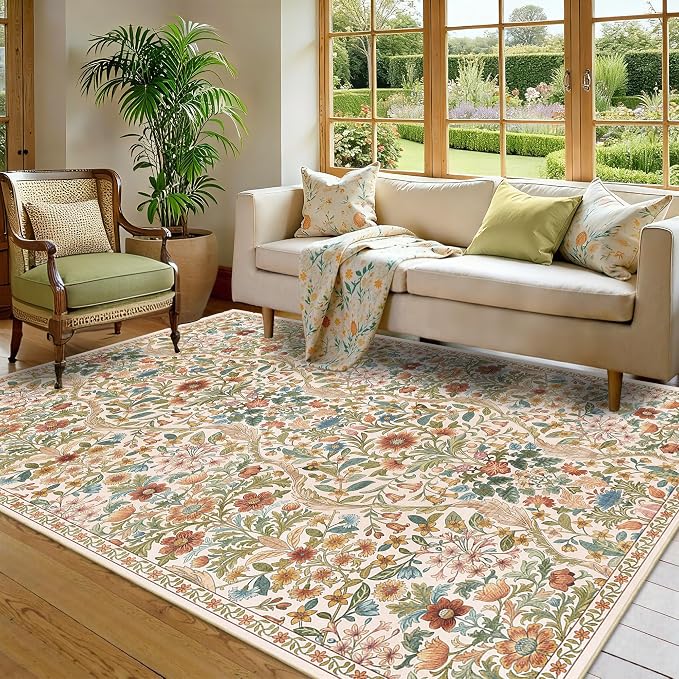 5×8 Area Rugs Beige Washable Floral Rug,Vintage Boho Soft Low-Pile Living Room Rugs, Stain Resistant Botanical Non-Slip Carpet for Bedroom,Dining Room, Kids Nursery,Home Decor