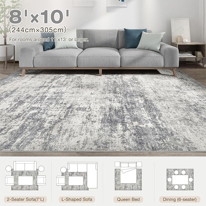 Abstract 8x10 Area Rug: Machine Washable Non Slip Ultra Thin Low-Pile Carpet, Soft Stain Resistant for Living Dining Room Bedroom, Kid Pet Friendly, Robot Vacuum Compatible - Beige Dark Grey