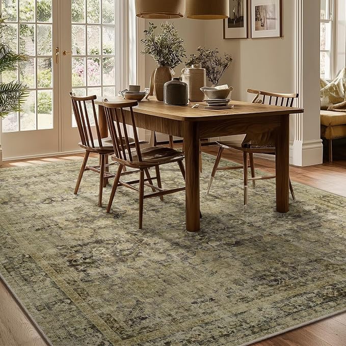 Boho Washable 6x9 Area Rugs for Living Room, Cushioned, Dark Green | Vintage Non-slip Neutral Oriental Rugs for Bedroom Dining Room Nursery Office High Traffic Area