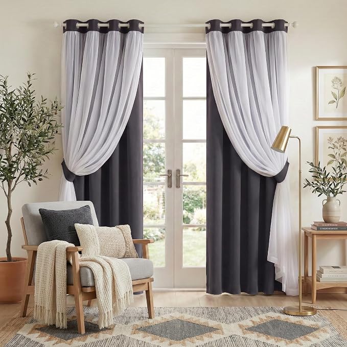 PONY DANCE Double Layer Curtains - 84 inches Long for Living Room Blackout Curtains & Drapes with White Crushed Voile for Bedoom, 52 by 84 inches, Grey, 2 PCs