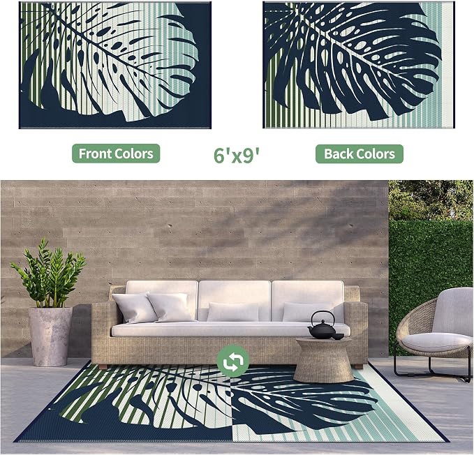 GENIMO Outdoor Rug, Waterproof Plastic Rugs for Patio, 6'x9' Sea Green | Outside Larger Leaf Carpet Mat for Porch Decor, Deck, Balcony, Camping, RV, Backyard, Picnic, Beach, Reversible, Foldable
