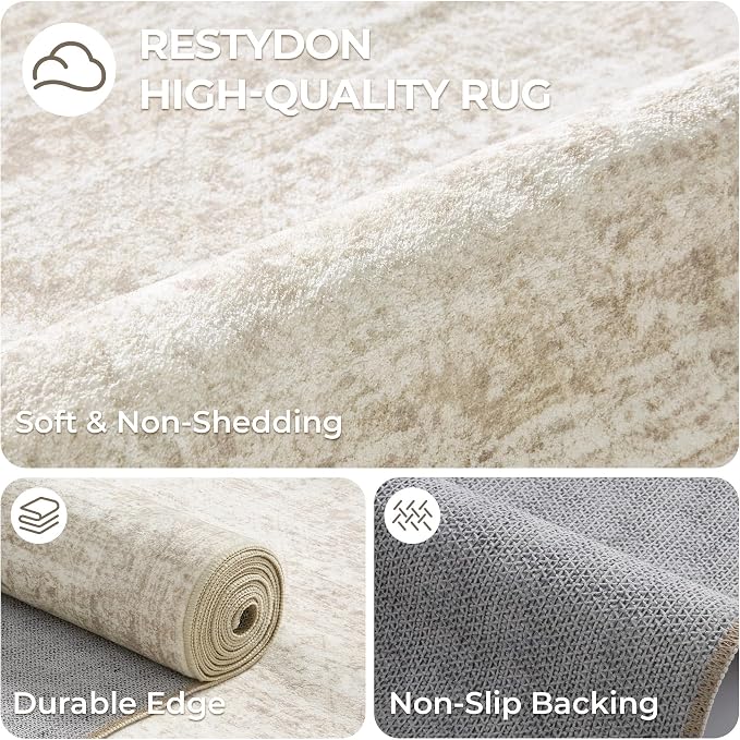 Round Rug 5ft,Circle Rug for Dining Room Table,Beige | Washable Rugs for Kitchen,Entryway,Bedroom,Dining Room,Nursery Room,Thin,Soft Runner Rug,Stain Resistant Indoor Carpet