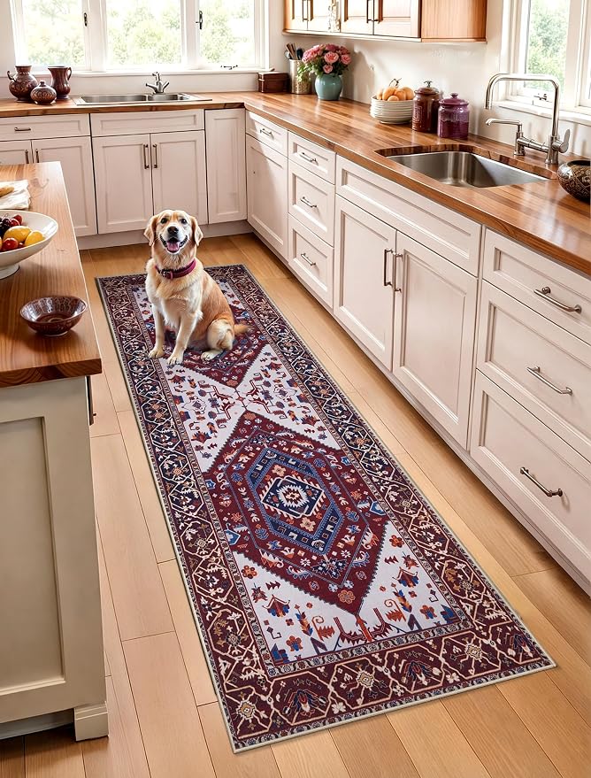 SERISSA Boho Washable Runner Rug, 2x6 Rug Runner Non-Slip Vintage Burgundy Navy Hallway Kitchen Runner Rug Ultra Soft Print Distressed Floor Carpet Runner for Bedroom Bathroom Laundry Living Room