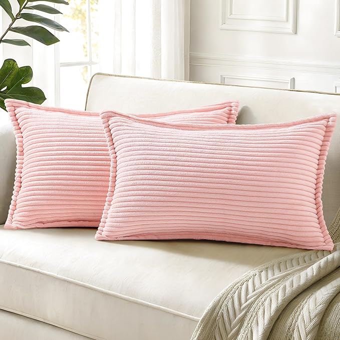 decorUhome Fall Corduroy Pink Throw Pillow Covers 12x20 Set of 2 | Lumbar Couch Decorative Soft Modern Boho Farmhouse Pillow Covers Broadside Striped Pillow Cases for Living Room Bed Sofa