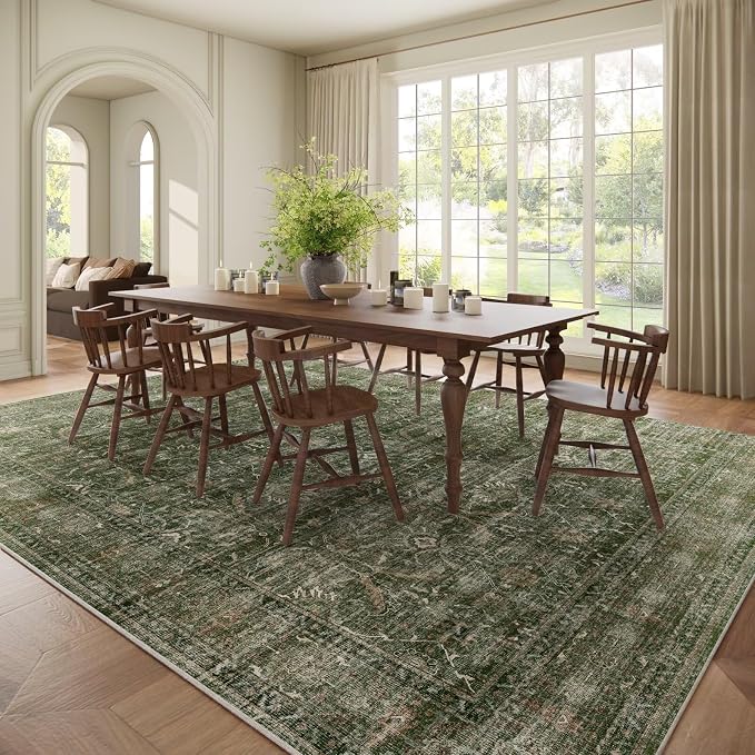 Boho Washable 10x14 Area Rugs for Living Room, Cushioned, Grass Green | Vintage Non-slip Neutral Oriental Rugs for Bedroom Dining Room Nursery Office High Traffic Area