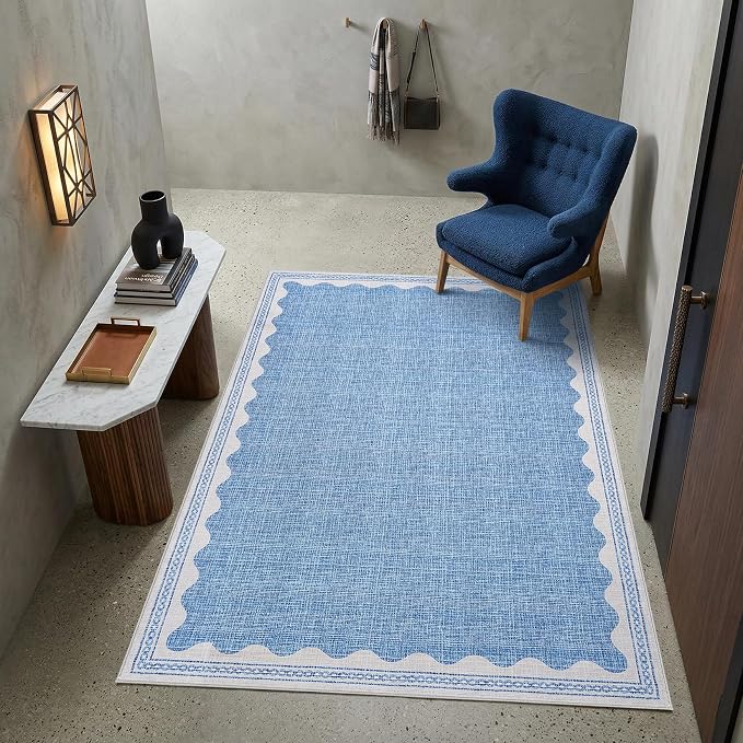 GarveeHome 5x7 Rug for Living Room, Scalloped 5 X 7 Area Rugs Washable Non-Slip Solid Blue Modern Minimalism Low-Pile Carpet for Bedroom Dining Nursery Mat with Rubber Back