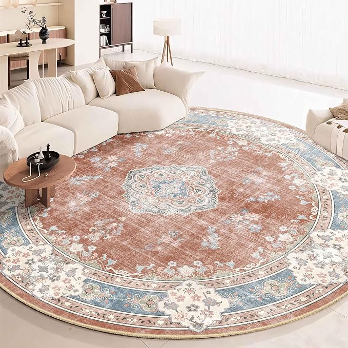 MUJOO Round Rug 9ft,Circle Washable Area Rug Non Slip Low-Pile Floral | Large Circular Rugs for Living Room Bedroom Dining Room Boho Throw Carpet Soft Floor Indoor Vintage Flowers Orange Navy Blue