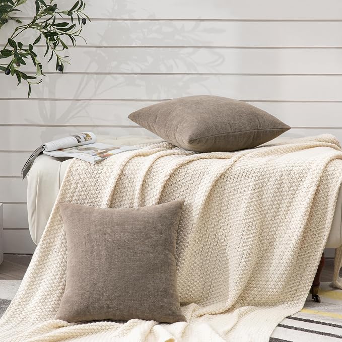 GAWAMAY Decorative Square Throw Pillow Covers Set of 2, Super Soft Chenille Farmhouse Fall Pillowcase for Living Room Bedroom Sofa Couch Home Decoration Cushion Cover Taupe Grey 55x55cm/22x22