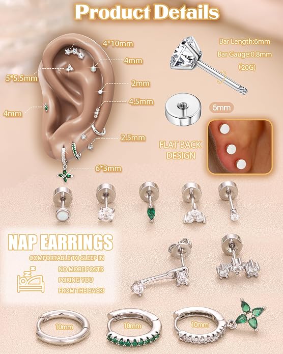 MILACOLATO Hypoallergenic Flat Back Earrings 14K Gold Plated Cartilage Earring Sets for Multiple Piercing 20G Surgical Stainless Steel Earrings for Women Trendy Earring Stacks Small Hoop Flatback Stud Earrings
