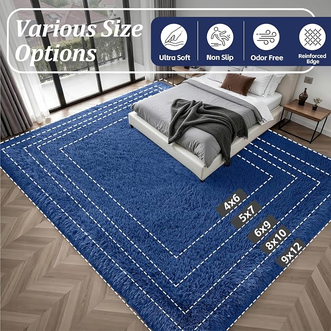 8x10 Area Rugs for Living Room Bedroom: Ultra Soft Fluffy Shag Rug Upgrade Non-Slip Non-Shedding Large Fuzzy Plush Carpet Indoor Floor Carpets for Kids Room Playroom Nursery Dorms Home Decor Blue
