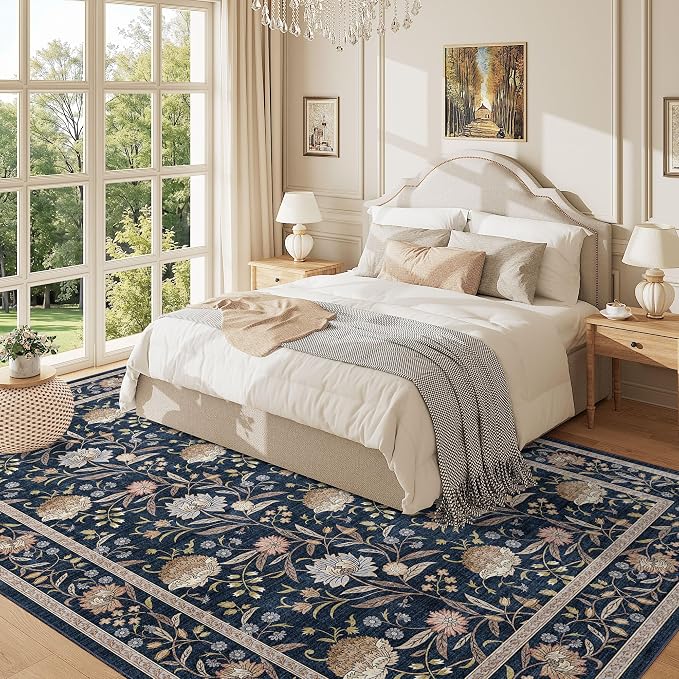 DUKINO 6x9 Area Rug, Vintage Floral Washable Rugs for Living Room Navy Blue | Non Slip, Low Pile, Non-Shedding, Stain Resistant Soft Large Carpet for Bedroom Home Office Dining Room Farmhouse, Home Decor