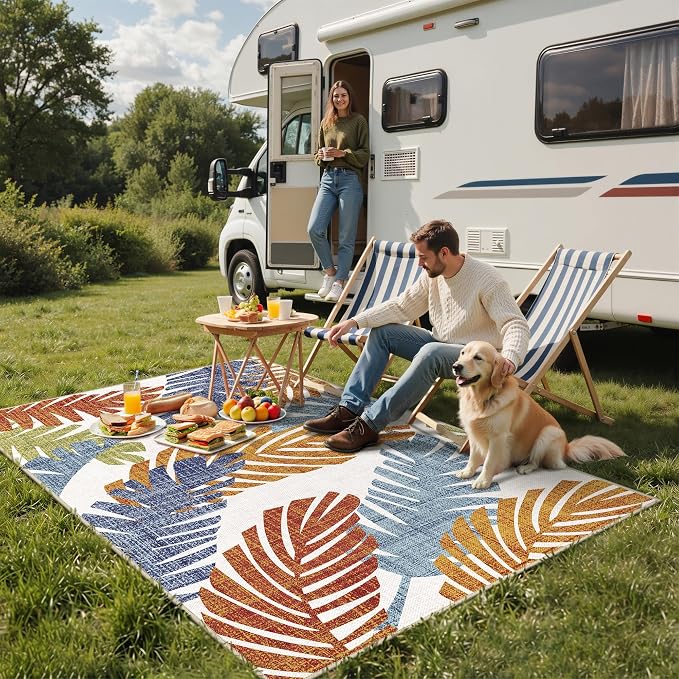 GENIMO 5x8 Outdoor Rug, Washable for Patio and Deck, Leaf Tropical Rust | Botanical leaf design for porch; fade resistant chenille with quick-dry non-slip backing for indoor sunroom.