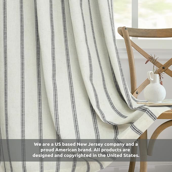 DriftAway Farmhouse Linen Stripe Blackout Curtains, W52xL84, Black | Blackout, Linen Texture, Stripe Pattern, Rod Pocket & Back Tab, Two Layers, Bedroom Living Room Use, Sound Reducing Design