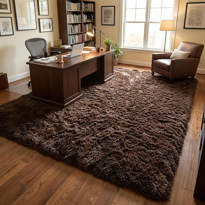 Fluffy Rugs for Living Room: Coffee Brown Soft Shag Rug for Bedroom, Large Fuzzy Plush Indoor Carpet Non Slip Modern Rug for Nursery Kids Room Dorms Office Home Decor, 7x10 Feet