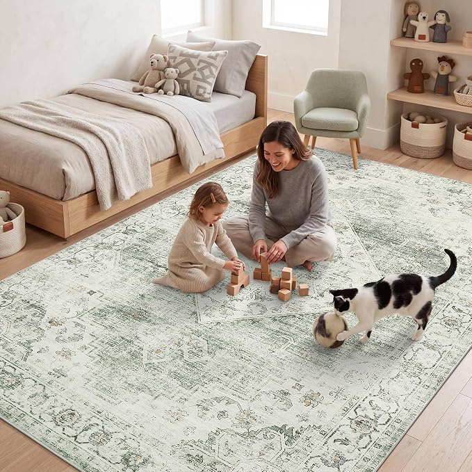 Garvee Sage Green Washable 5x7 Area Rugs Boho Vintage Non-Slip Low-Pile Stain Resistant Soft Rugs for Bedroom Living Room Nursery Home Office Kitchen Room Decor