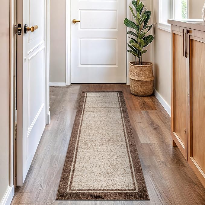 Rugshop Modern Transitional Bordered Runner Rug Low Pile Beige 2' 3" x 12'