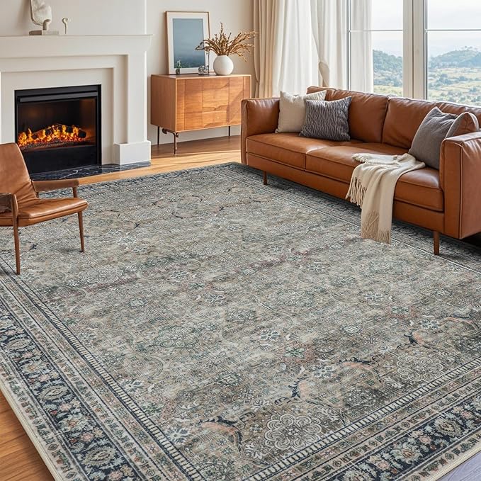 Srugn Washable Rugs 8x10 Area Rugs for Living Room,Rugs for Bedroom,Large Carpets,Ultra Soft Faux Wool Retro Dining Room Rug,Non Slip&Non-Shedding Low Pile Vintage Print Rug for Home Office,Green